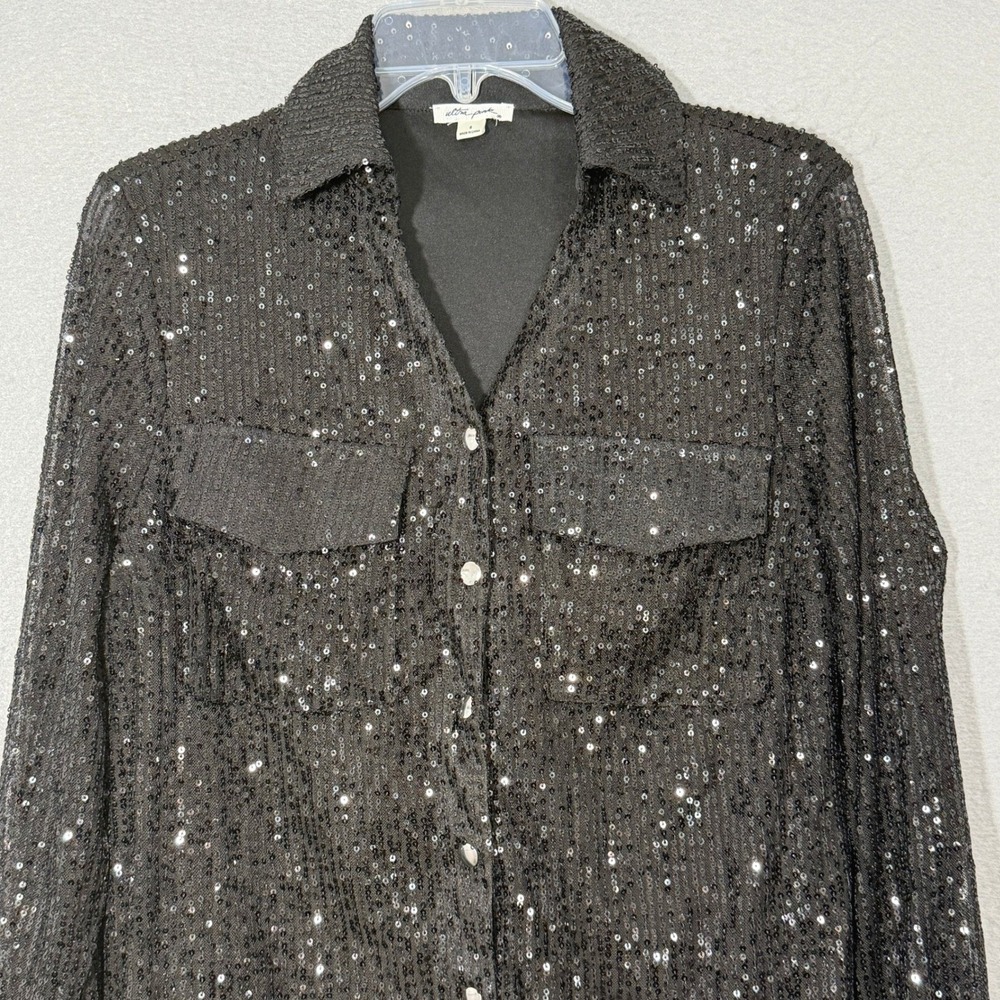 Ultra Pink Sequin Button Front Black Women Blouse Size S Glam Party Going Out - Picture 3 of 8
